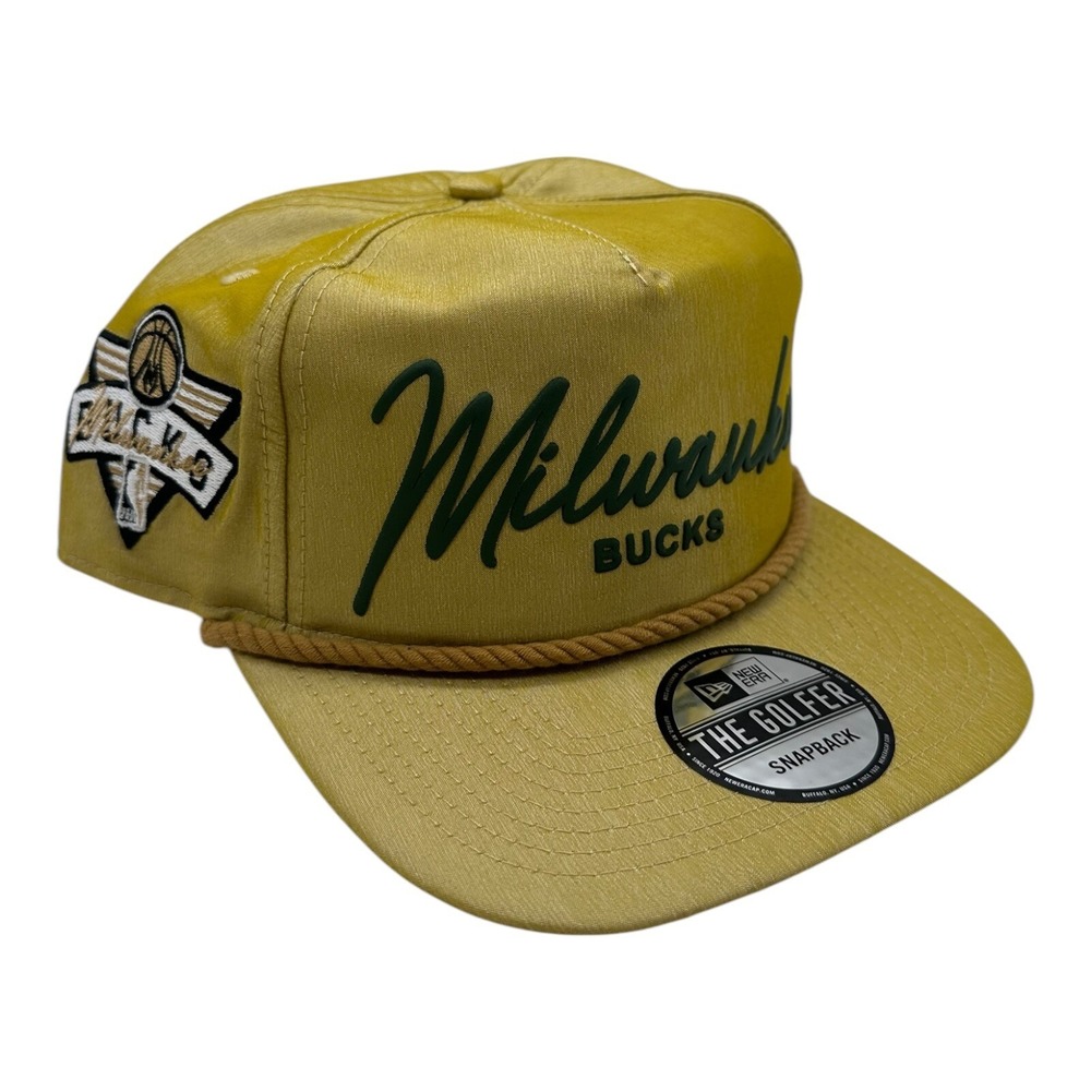 New Era The Golfer Milwaukee Bucks Neon Script Snapback Rope Hat Cap Yellow NBA